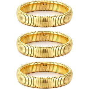 Gold Bangle Set 3 Chunky Stretch 24K Gold 12mm Plated Stainless Steel Wide Stack
